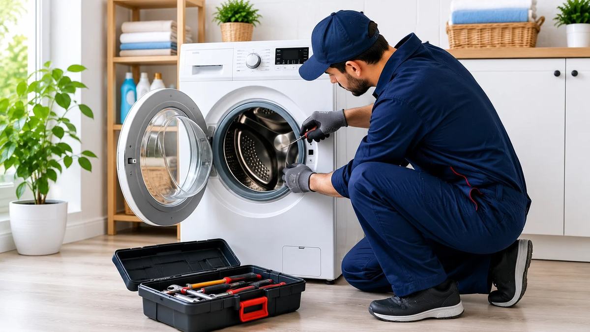 Technician repairing a washing machine, HSR Layout