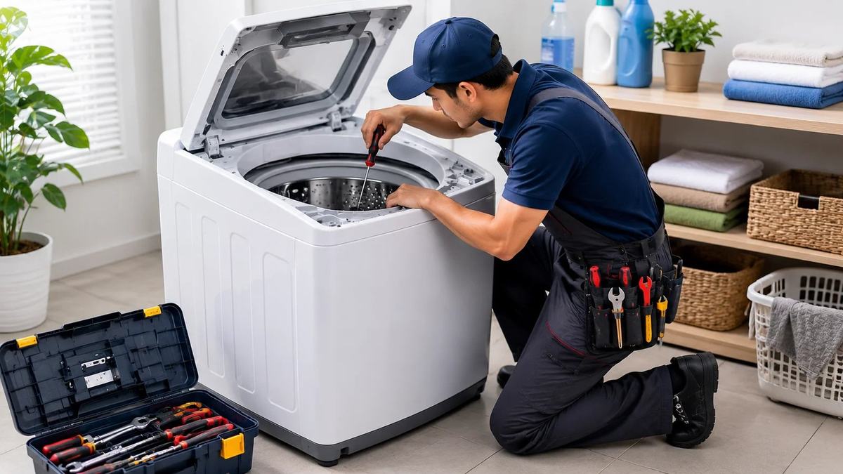 SpinCare technician inspecting an open top-load washing machine drum with a full tool kit ready